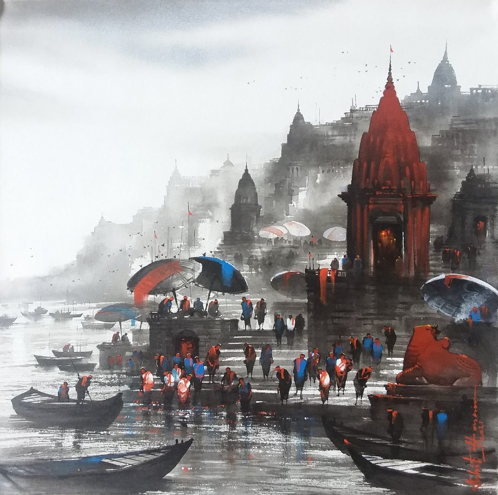 Asif Hussain Paintings ; Asif Hussain. Banaras Ghat, Acrylic on Canvas, Blue, Red,Yellow, Contemporary Artis