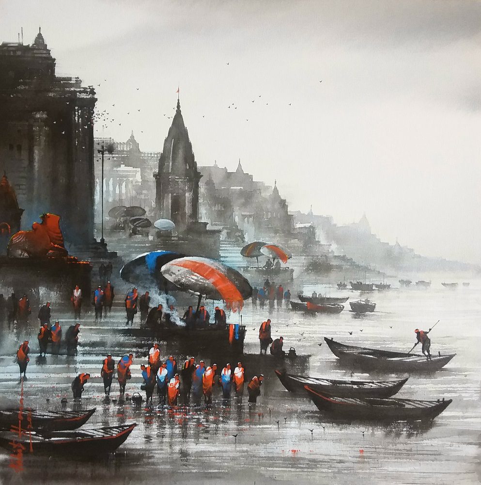 Asif Hussain Paintings ; Asif Hussain. Banaras Ghat, Acrylic on Canvas, Blue, Red,Yellow, Contemporary Artis