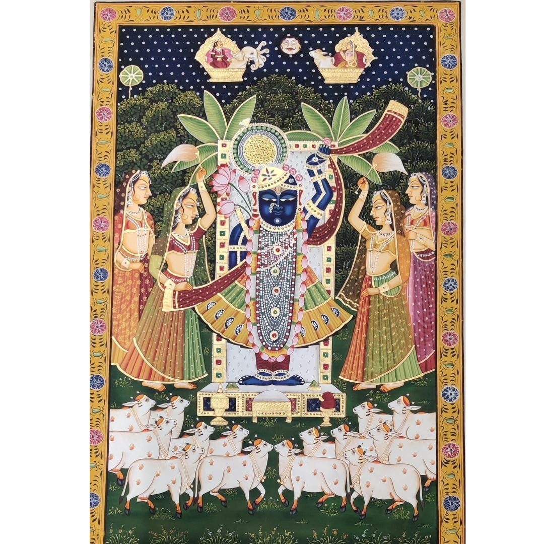 The word Pichwai has its roots in the Sanskrit pich (behind) and wai (hanging). A traditional art form that emerged in the 17th Century at the Nathdwara temple in Rajasthan, Pichwais are intricate paintings dedicated to Shrinathji and are typically hung behind the idol of the deity in local shrines